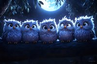 Five fluffy baby owls perched on branch at night with full moon glowing through leaves, creating magical moonlit atmosphere in dark blue tones.