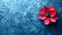 Red flower with blue center against textured blue background created with thick brush strokes and heavy paint application, artistic contemporary wall decor.