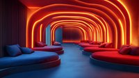 Futuristic lounge interior with glowing orange neon arches and circular red sofas on blue floor creating tunnel perspective, modern architectural design space.