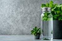 Glass bottle with metal lid next to green succulent plants in gray pots against textured concrete wall background, minimalist eco-friendly composition.