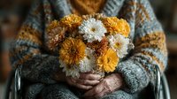 Elderly woman hands holding autumn chrysanthemum bouquet in cozy knitted sweater. Seasonal flowers, aging gracefully, warmth and comfort concept.