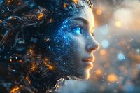 Profile view of ethereal female figure with glowing blue eyes and crystalline features dissolving into shimmering particles against bokeh light background.
