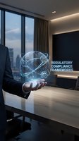 Businessman holding holographic globe with regulatory compliance frameworks icons in modern office environment for corporate governance presentations.