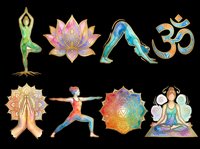 Yoga and meditation symbols collection with lotus flower, om sign, chakra mandala, prayer hands, warrior pose figure, and seated yogi on transparent background. Ready for wellness designs, t-shirts, stickers, and print-on-demand products.