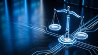 Digital justice scales with glowing circuit patterns representing legal technology, law firm automation, and modern jurisprudence solutions.