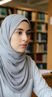 Young Middle Eastern woman wearing light gray hijab in library setting with wooden bookshelves, suitable for education, diversity, and student lifestyle content.