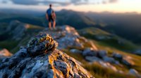 Lone hiker standing on mountain peak at sunset, overlooking vast mountain range with dramatic light illuminating rocky terrain.
