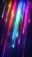 Vibrant neon light streaks and glowing particles falling through dark space create dynamic motion effect with pink, blue, and orange luminous trails.