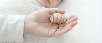 Adult hand gently holding newborn baby's tiny hand in tender moment of connection and care on soft white textiles background.