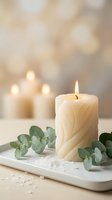 Elegant cream candle with eucalyptus leaves on white tray creates serene spa atmosphere for relaxation and wellness concepts.