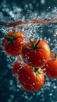 Fresh red tomatoes splashing in clear water with dynamic water drops and bubbles against dark background, dramatic lighting highlights natural texture.
