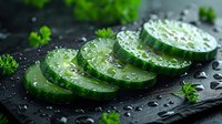 Fresh cucumber slices with water drops on dark stone background, garnished with parsley leaves, macro food photography for healthy eating concept.
