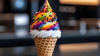 Rainbow swirled soft serve ice cream cone topped with colorful sprinkles against dark background, creamy frozen dessert in waffle cone with vibrant toppings.