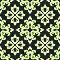 Seamless floral pattern with light green ornamental elements on dark background. Repeating geometric motif creates elegant damask style textile design.
