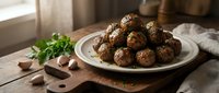 Homemade meatballs with herbs on rustic wooden table. Traditional comfort food recipe perfect for family dinner, restaurant menu or cooking blog content.