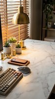 Marble desktop workspace with brass pendant lamp, succulents, keyboard, mouse, and smartphone in modern home office setting.