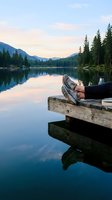 Person relaxing on wooden dock at serene mountain lake during golden hour sunset with forest reflections in calm water for vacation and wellness concepts.