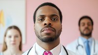 Professional African American male doctor with stethoscope leading diverse medical team in modern healthcare facility for hospital marketing materials.