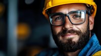Confident bearded male construction worker wearing yellow hard hat, safety glasses and blue uniform smiles at camera. Professional portrait in dark setting.