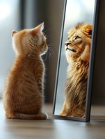 Ginger kitten looking in mirror sees reflection as majestic lion, representing inner strength, confidence and aspirational growth. Conceptual motivational scene.