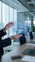 Businessman hands presenting holographic data visualization with charts and graphs in modern office environment for digital transformation presentations.