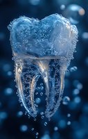Crystalline tooth formed by water drops and bubbles on dark blue background, dental care concept for dentistry and oral hygiene advertising.