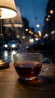 Glass cup of hot tea on wooden table with warm lamp light and blurred city lights through window creating cozy evening atmosphere for relaxation and comfort.