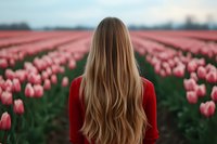 Young woman with long blonde hair in red sweater looking at pink tulip field during sunset, back view perspective creating dreamy spring atmosphere.