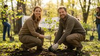 Man and woman planting young tree together in forest during environmental conservation volunteer event outdoors.