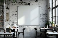 Modern cafe interior with empty white board on brick wall, perfect for business presentations or restaurant menu display. Natural lighting and industrial design elements.
