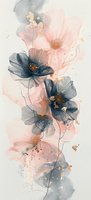 Delicate watercolor flowers in navy blue and blush pink with gold accents create an elegant floral composition. Translucent petals and flowing lines add dreamy movement.