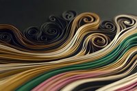 Abstract curved paper strips in black, gold, green and pink colors creating wave-like pattern with elegant swirls and flowing lines. Macro photography art design.