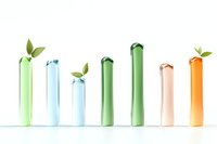 Colorful glass test tubes with fresh green leaves sprouting from tops against white background represent growth, science and environmental research concepts.