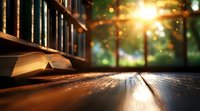Open book on wooden table with magical glowing bokeh lights and sunbeams through window, creating mystical reading atmosphere in library setting.