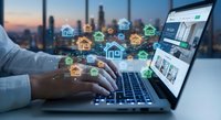 Professional using laptop for real estate technology with digital property icons floating above hands against city skyline background at sunset.