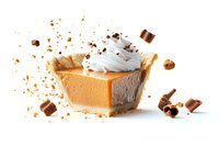 Slice of butterscotch cream pie topped with whipped cream and chocolate pieces on white background, garnished with scattered chocolate shavings and crumbs.