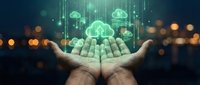 Hands presenting glowing green cloud computing icons with data streams against blurred city lights background for technology and digital transformation concepts.