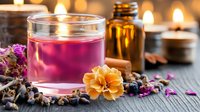 Aromatic spa composition with pink herbal tea, essential oil bottle, dried flowers and burning candles on wooden surface against blurred lights.
