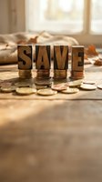 Wooden letter blocks spelling SAVE stacked on coin piles with scattered coins on wooden table, warm sunlight streaming through window for savings concept.