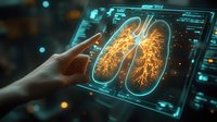 Medical hologram showing detailed bronchial tree structure with glowing orange highlights on transparent digital display, hand reaching towards interactive screen.