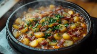 Hearty potato stew with crispy bacon bits and fresh herbs served in rustic cast iron pan, steaming hot comfort food ready for dinner gathering.