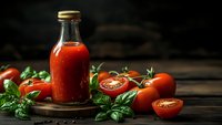 Fresh tomato sauce in glass bottle with ripe red tomatoes and basil leaves on rustic wooden table for cooking and culinary preparations.