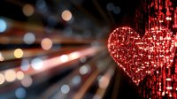 Digital heart shape composed of glowing red binary code and light streams against dark background with bokeh lights and rays. Suitable for tech romance concepts.