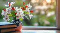 Fresh white spring blossoms with red buds in terracotta vase with decorative bow, arranged on books near window with soft bokeh background.