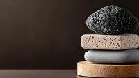 Stack of natural pumice stones in various textures and colors arranged on dark background for spa wellness skincare and exfoliation treatments.