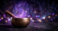 Mystical singing bowl with magical purple energy swirls and cosmic background for meditation, spiritual healing, sound therapy and wellness practices.
