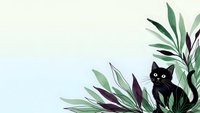 Black cat hiding among tropical leaves on light background with copy space for text and design projects.