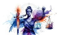 Lady Justice holding sword and scales with colorful watercolor splashes on white background for legal and judicial design concepts.