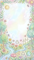 Pastel watercolor nature border with flowers, trees, birds, butterflies, rabbit, wind turbines, recycle symbol and earth for eco greeting cards.