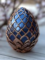 Decorative blue dragon egg with copper metallic scales pattern on wooden surface. Fantasy art object features intricate geometric design and luxurious finish.